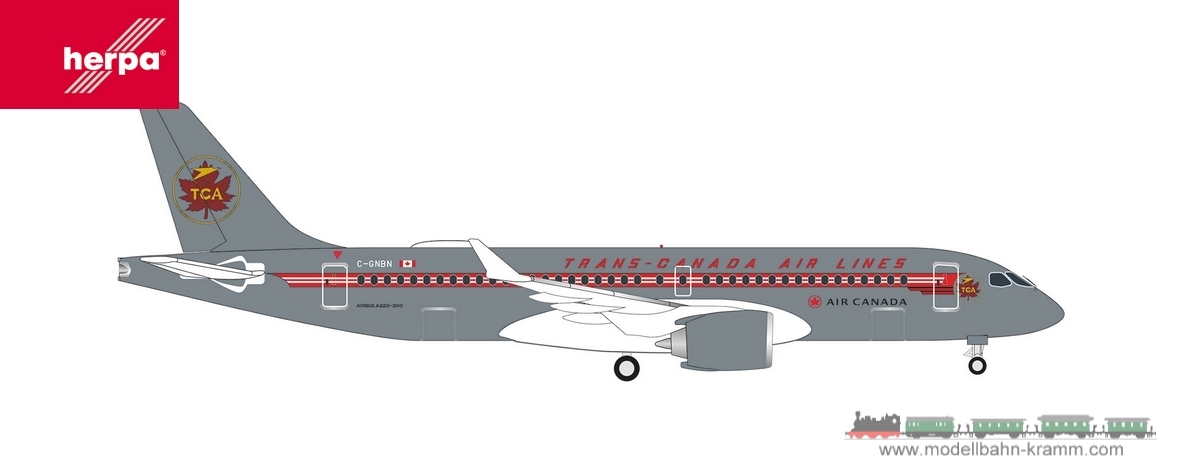 Herpa 536158, EAN 4013150536158: 1:500 Air Canada Airbus A220-300 – Trans Canada Air Lines retro livery – C-GNBN