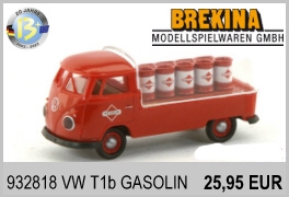 Brekina 932818 H0/1:87 VW T1b Pritsche mit 9 Fässern mit transparenter Plane GASOLIN