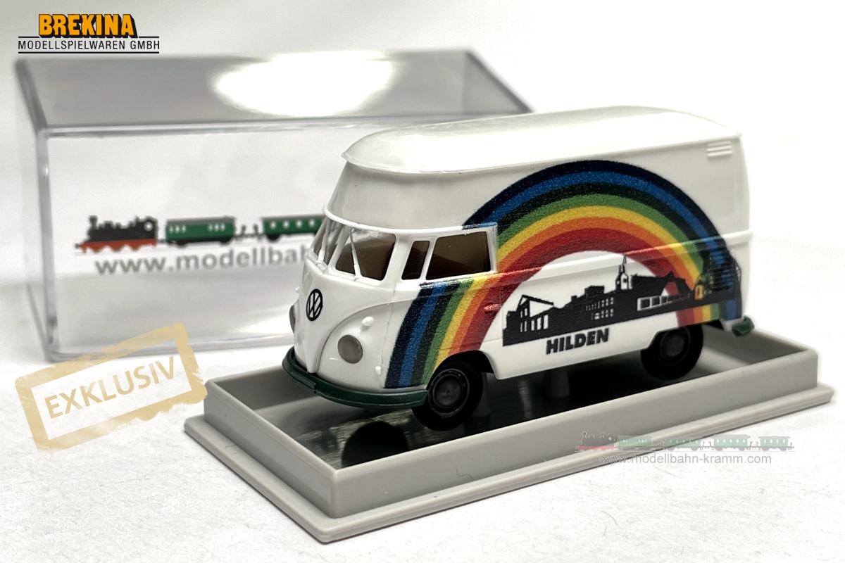 Brekina H0/1:87 VW T1 large capacity box rainbow Hilden with city silhouette